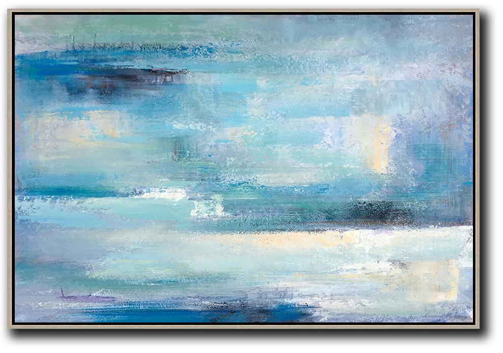 Acrylic Painting On Canvas,Oversized Horizontal Contemporary Art,Large Abstract Wall Art,Blue,Grey,Yellow,White.etc